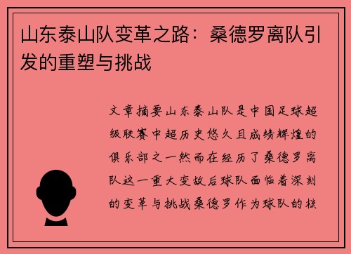 山东泰山队变革之路：桑德罗离队引发的重塑与挑战