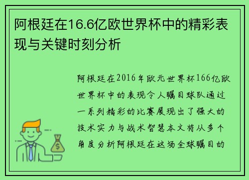 阿根廷在16.6亿欧世界杯中的精彩表现与关键时刻分析
