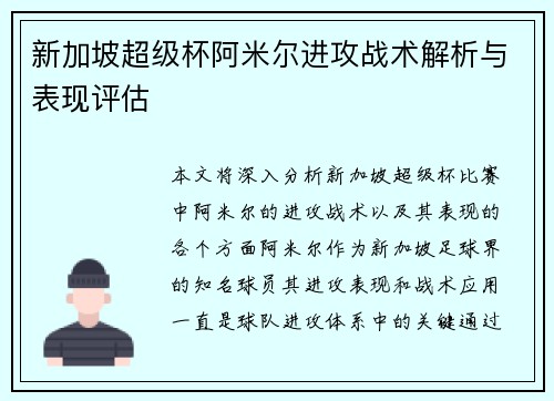 新加坡超级杯阿米尔进攻战术解析与表现评估