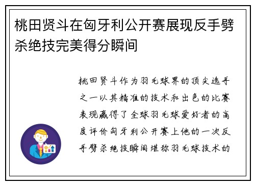 桃田贤斗在匈牙利公开赛展现反手劈杀绝技完美得分瞬间